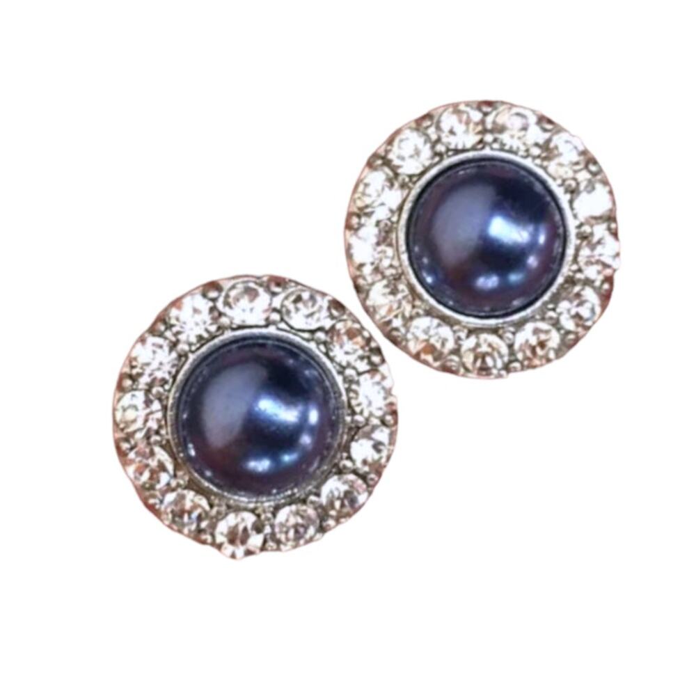 Faux black pearl and rhinestone post earrings